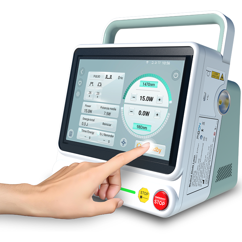 Médico ajustando parámetros del S1 Pro+ en pantalla táctil, mostrando 1470nm y 980nm en tiempo real